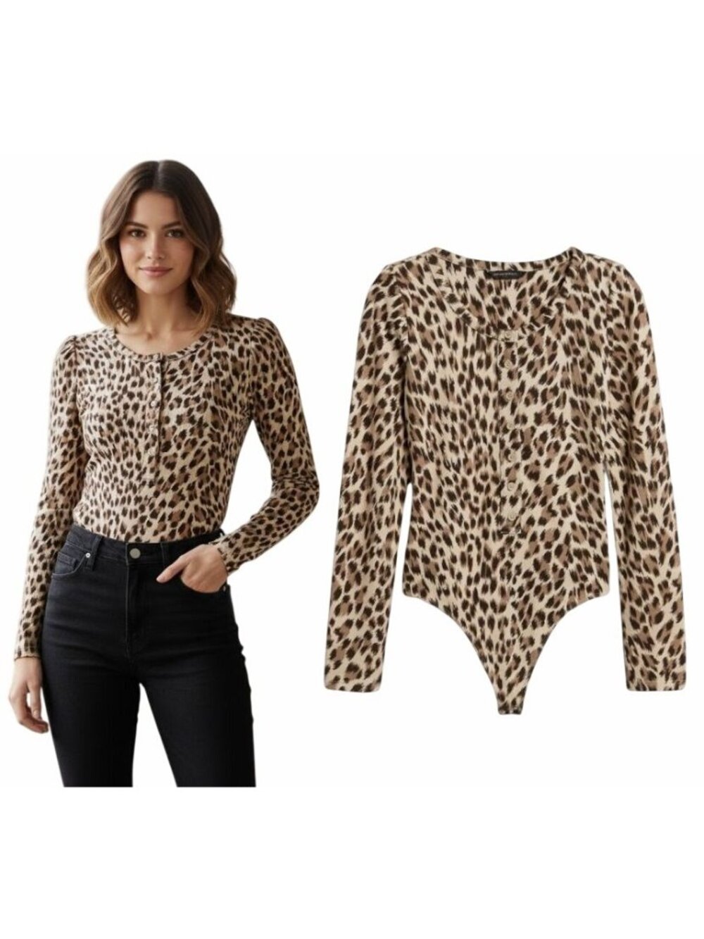⭐Banana Republic Leopard Animal Print Long Sleeve Henley Bodysuit Sz Small NEW